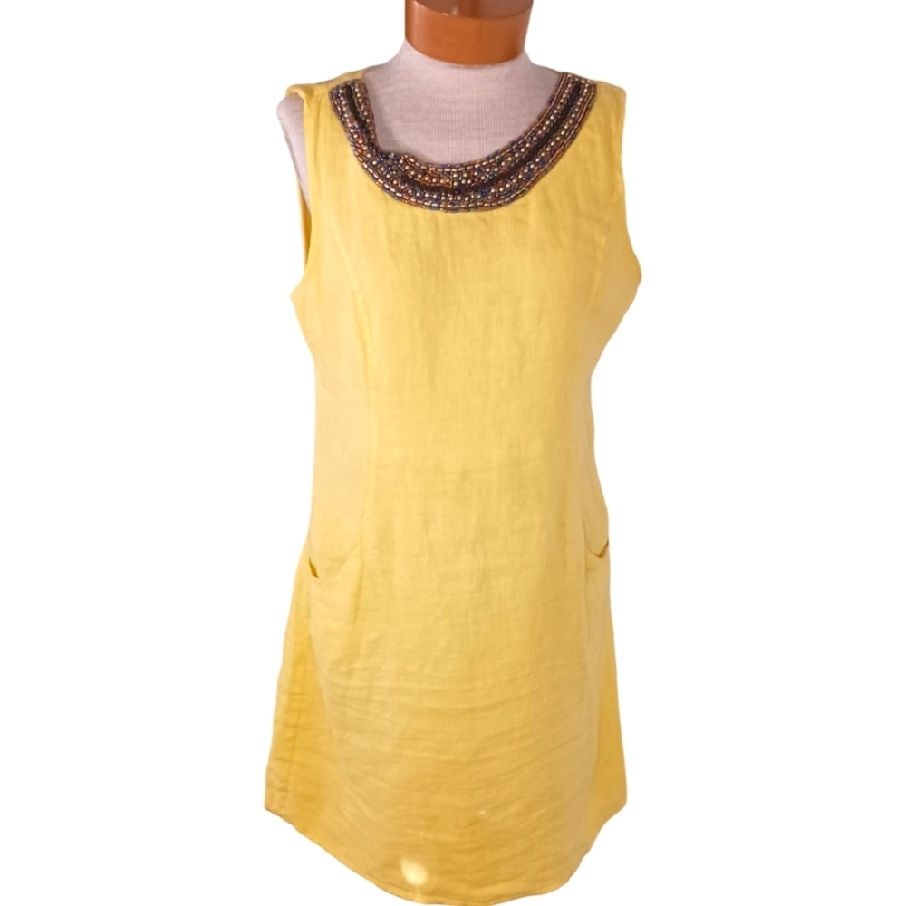 Size Medium Lina Tomei Sun Dress Linen Beaded Neckline Italy Butter Yellow